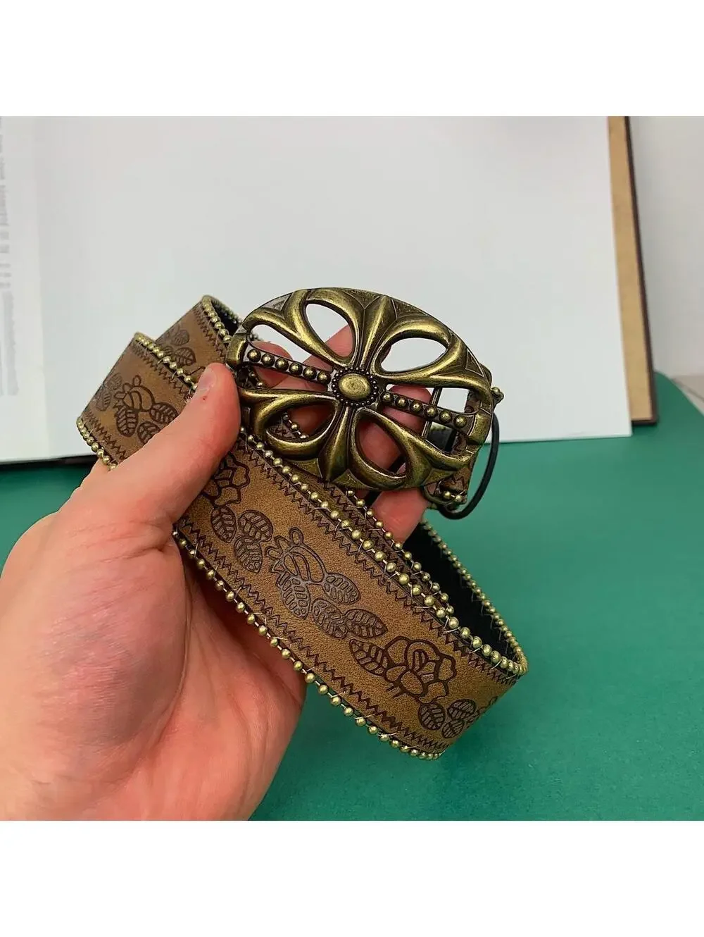 Western floral gold beaded boho brown belt. 38.5 inches length. 1.5 inch width.